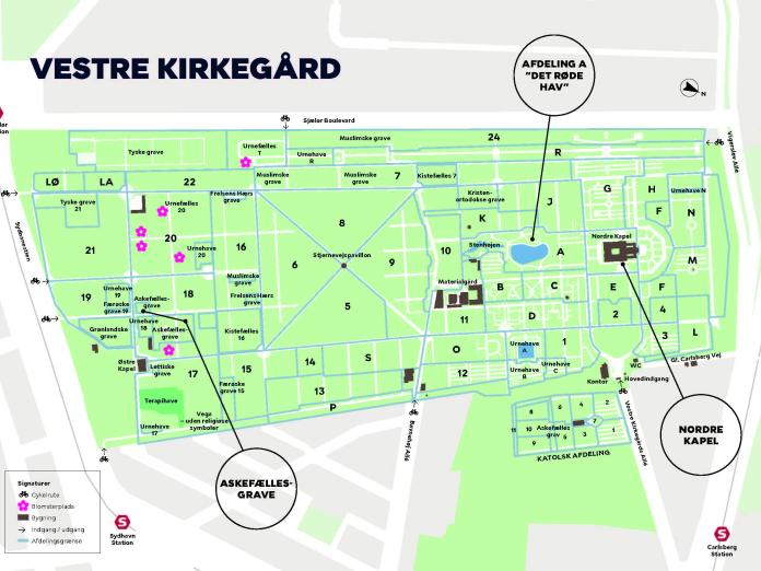 Kort over Vestre Kirkegård. Terapihaven er placeret i det syd-vestlige hjørne, tæt på østre kapel, de færøske grave og de lettiske grave.